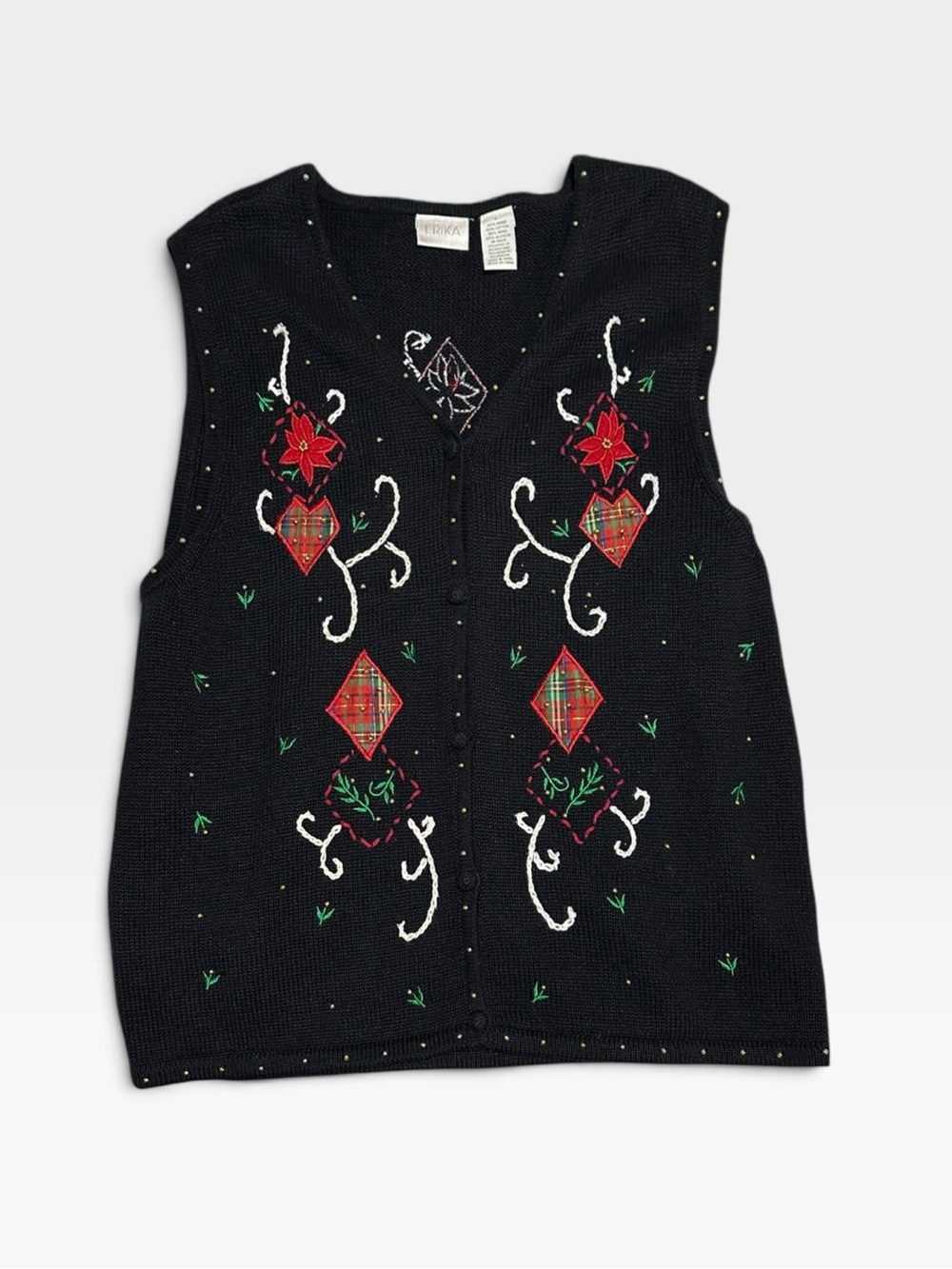 Erika Black Embroidered Holiday Sweater Vest with Red & Green Accents